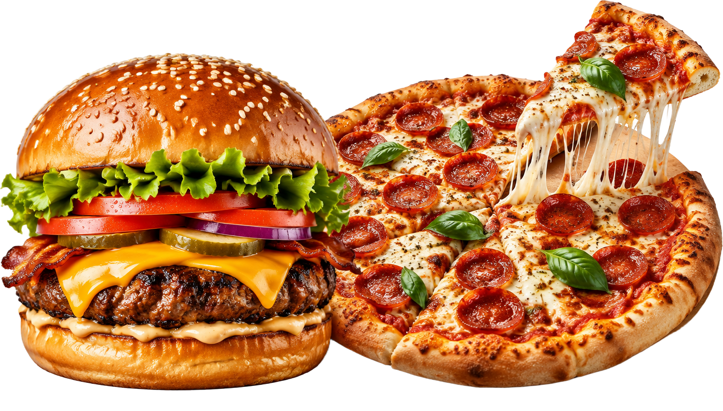 Hambúrguer e pizza disponíveis perto de você